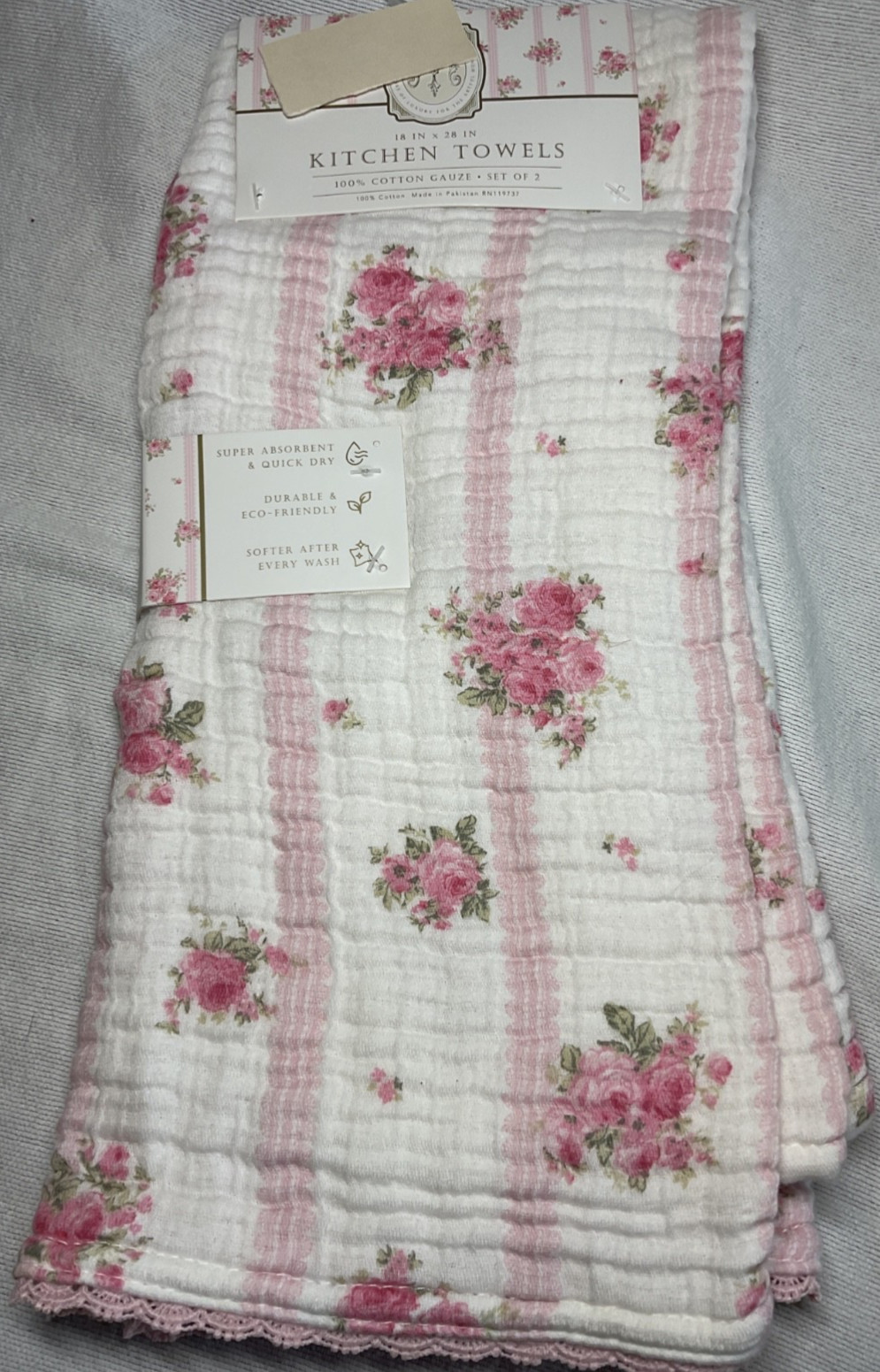 MORGAN KITCHEN TOWELS (2) PINK BOUQUETS STRIPES 100% COTTON GAUZE NIP gallery