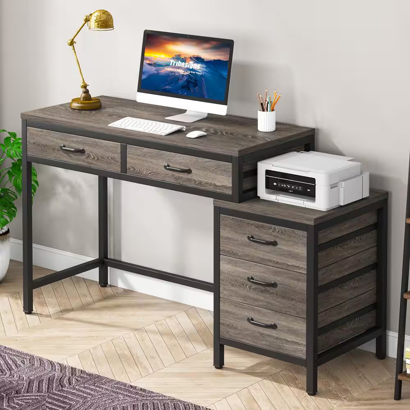 Cassey 51 In. Rectangular Industrial Gray Wood 5-Drawer Computer Desk, Reversibl gallery