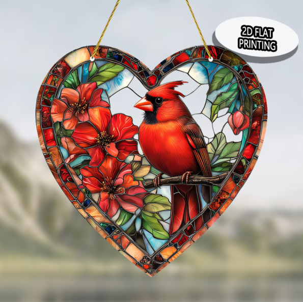 Stained Glass Style Cardinal Heart Suncatcher Memorial Bird Window Decor gallery