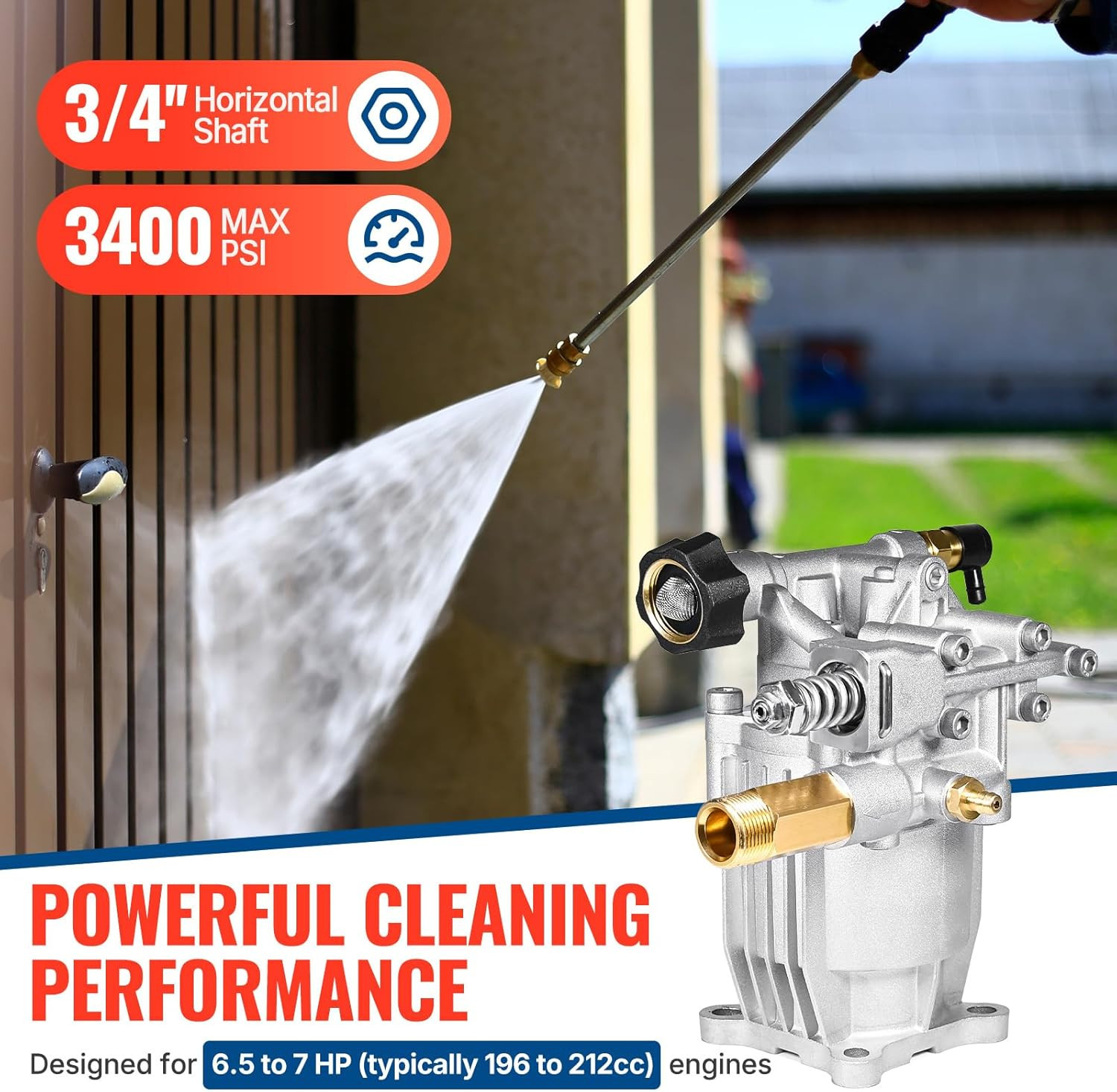 3/4" Shaft Horizontal Pressure Washer Pump 3400 PSI 2.5 GPM Replacement Pump for gallery