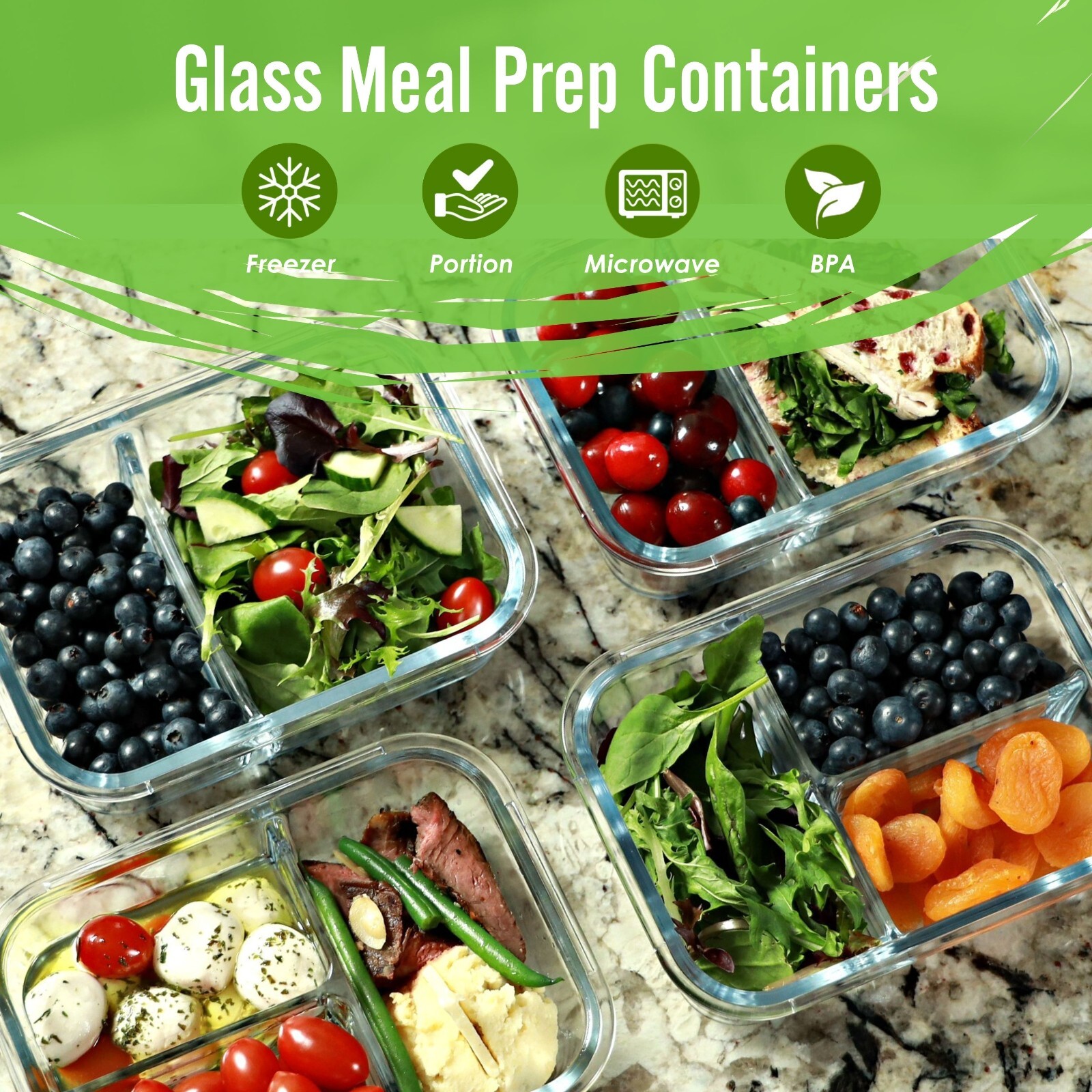 Glass Meal Prep Food Storage Containers (2 & 3 Compartments) 4 Pack, 32 Ounces gallery