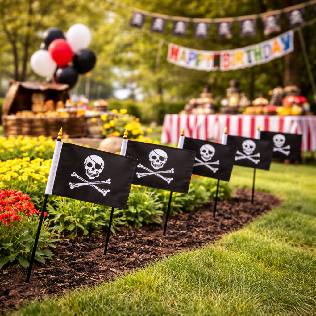 1 Dozen Pirate 4x6in Stick Flags Handheld Jolly Roger Pirate Desk Flags & Party gallery
