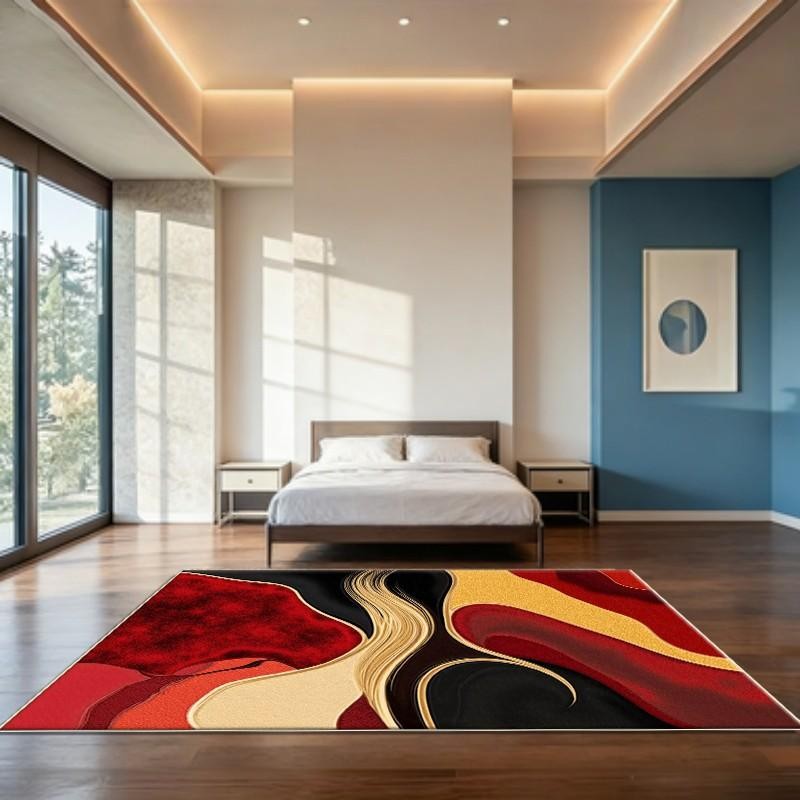 1pc Abstract Fluid Wavy Maroon Black Golden Cream Art Area Rugs for Living Room gallery