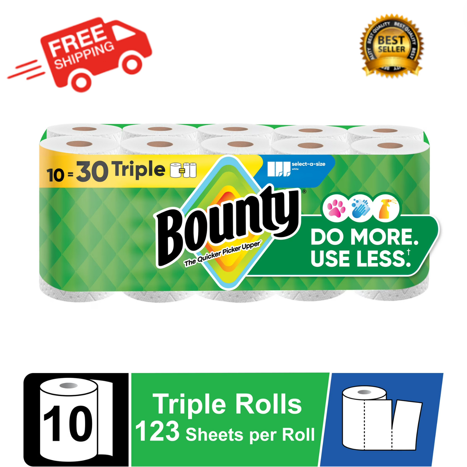Bounty Paper Towels Select-A-Size White, 10 Triple Rolls, 123 Sheets Per Roll gallery