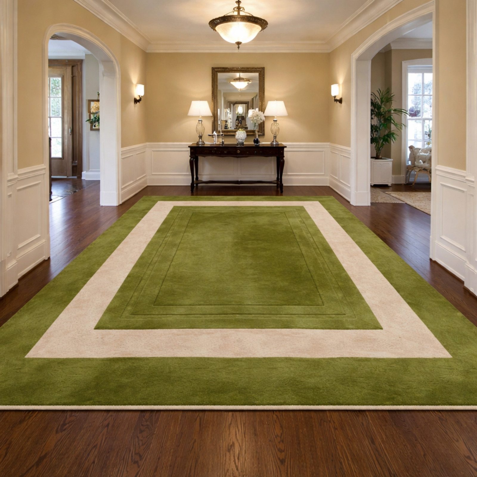 Hand Tufted Green Wool Area Rug Modern Cream Border Living Room 13X13,15X18 Ft. gallery