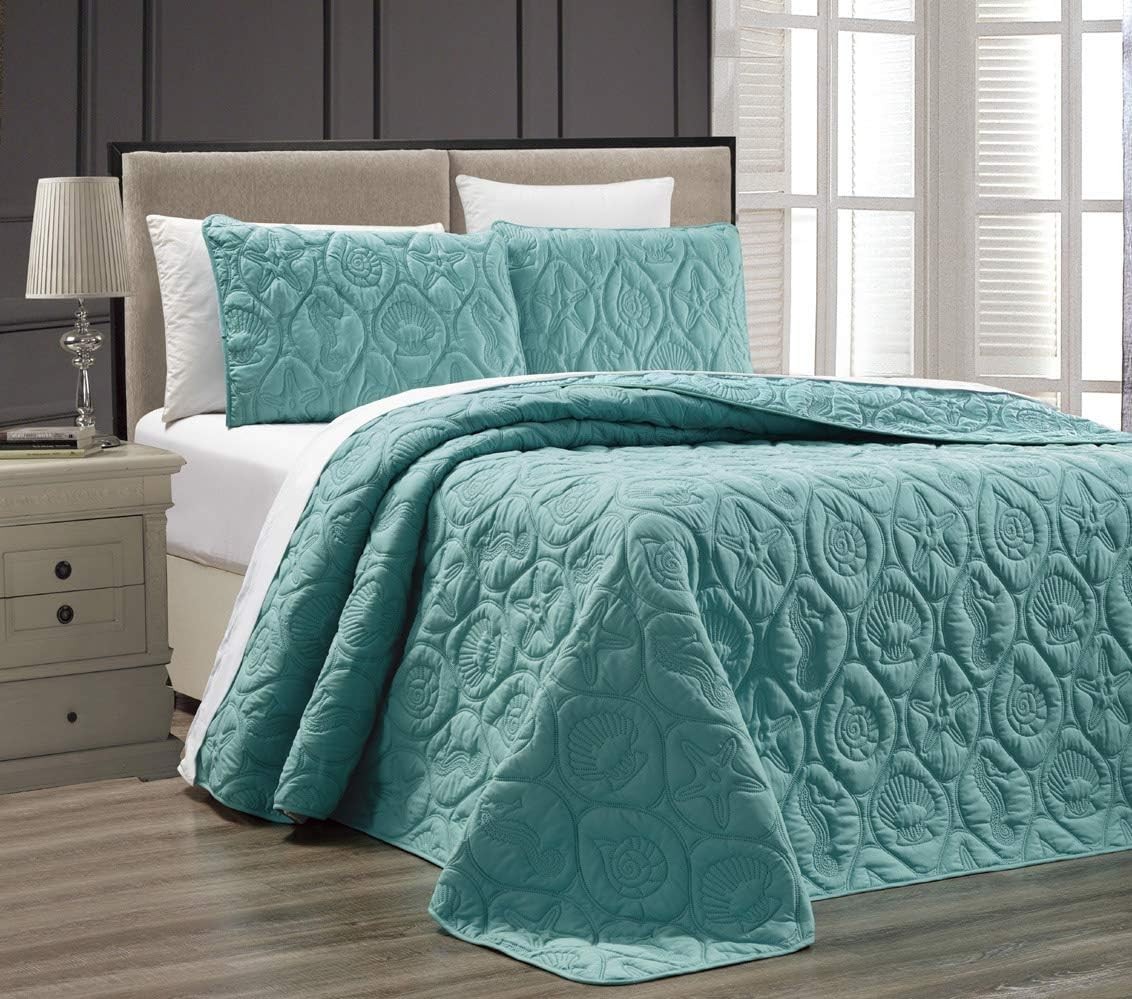 3-Piece Oversize Quilt Tropical Coast Seashell Beach King Bedspread Turquoise gallery
