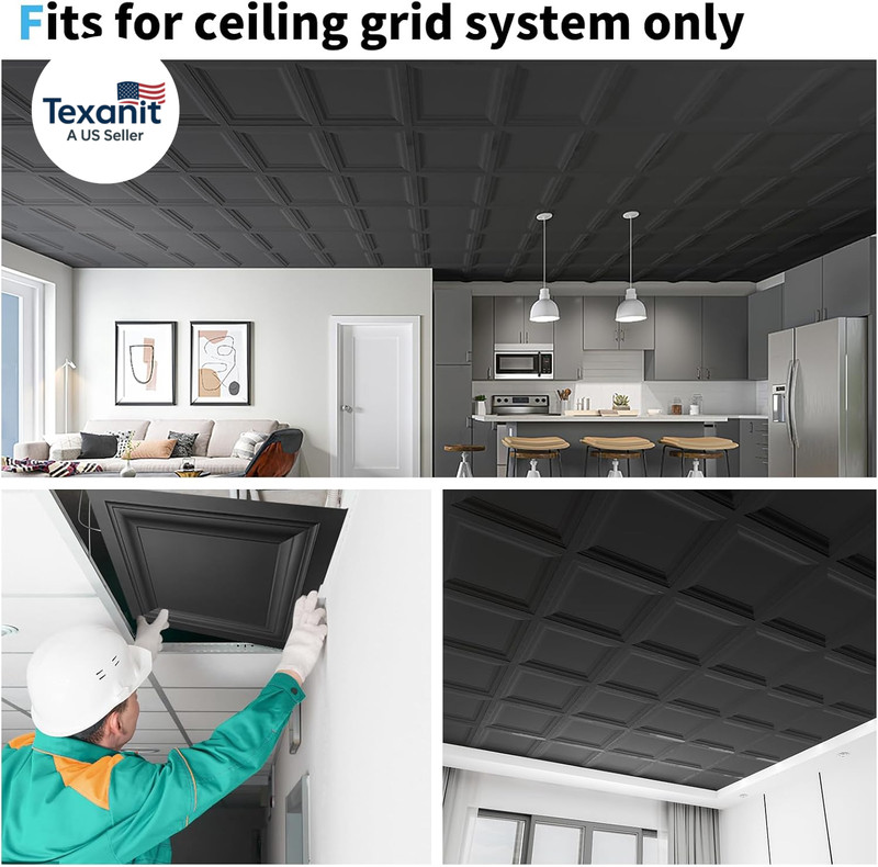 24-Pack Square Drop Ceiling Tile 2Ft X 2Ft in Black, PVC Ceiling Panel 24 X 24In gallery