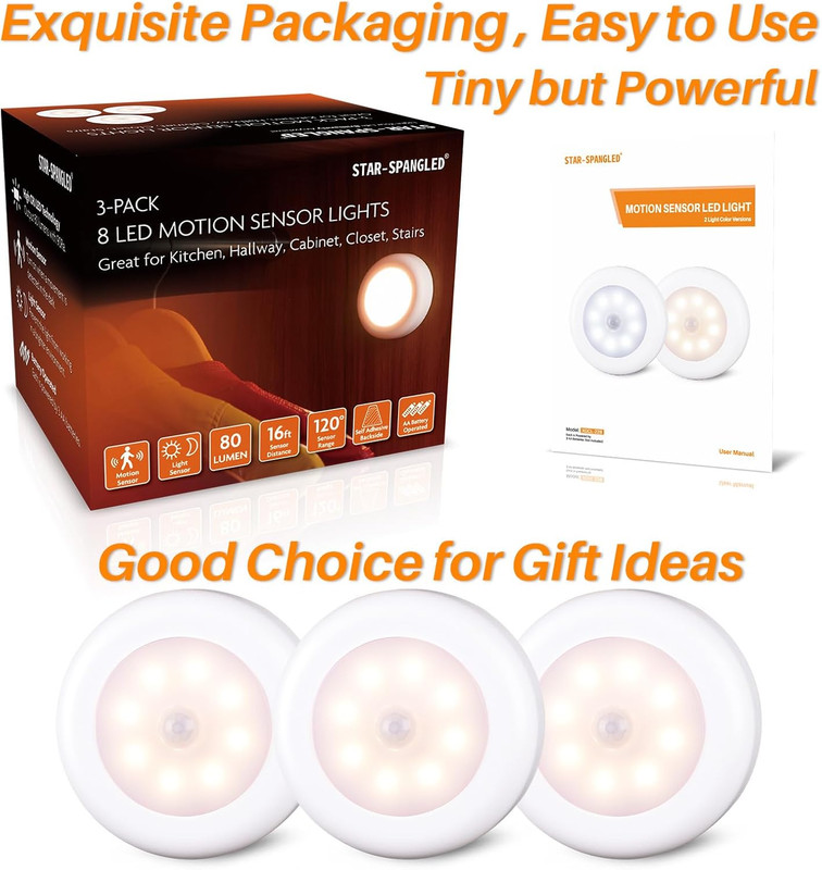 3 Pack 3.1” Motion Sensor Lights Indoor AA Battery Operated, Stick on LED Puck L gallery