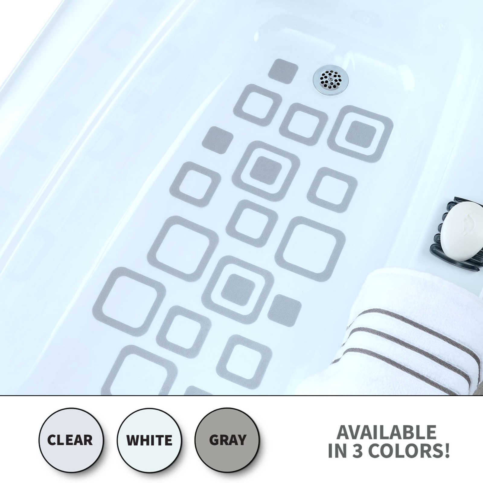 Adhesive Square Bath Treads: White, Gray, and Clear Bath Safety Treads gallery