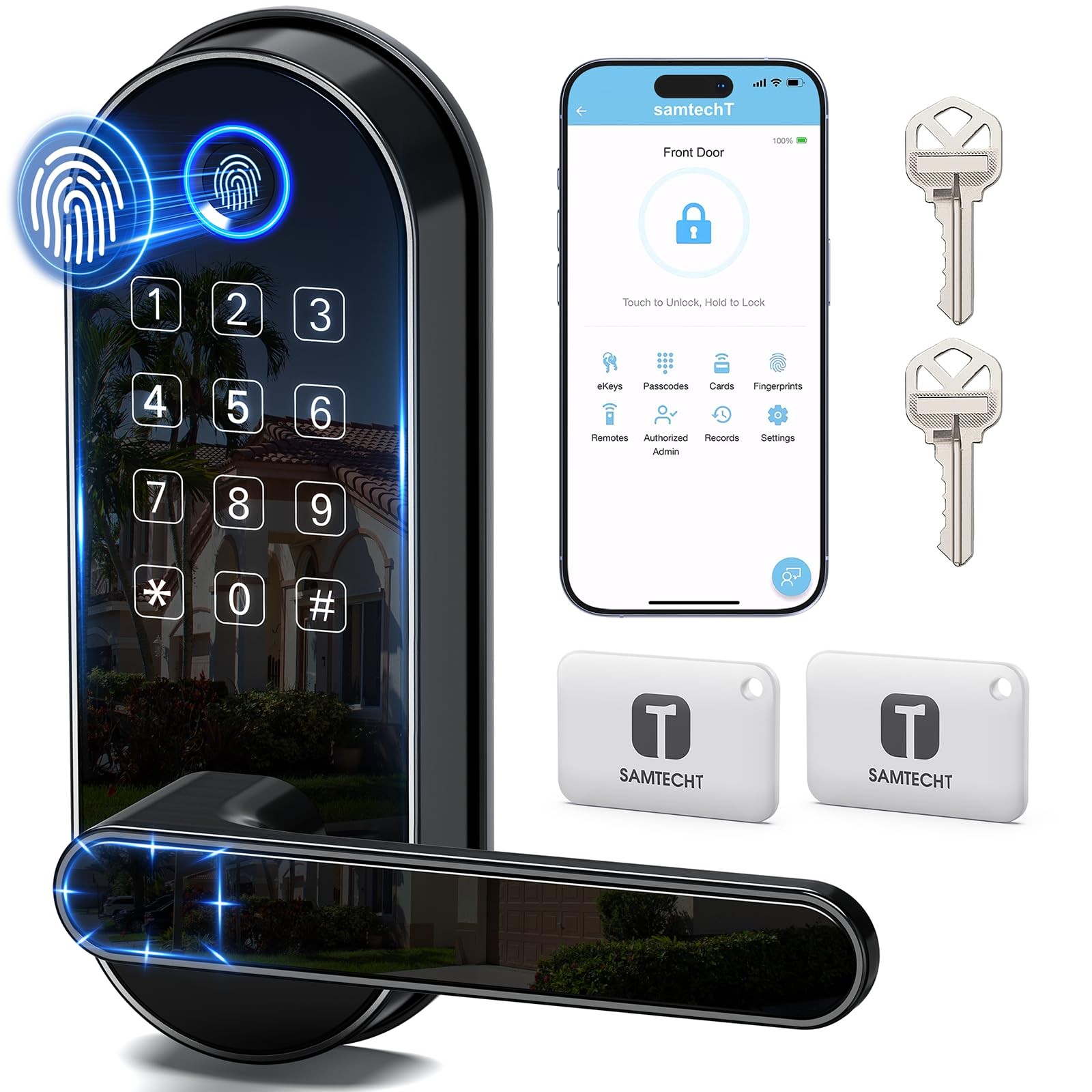 Bluetooth Fingerprint Smart Lock with Handle & Keypad – Fits Most US Black gallery