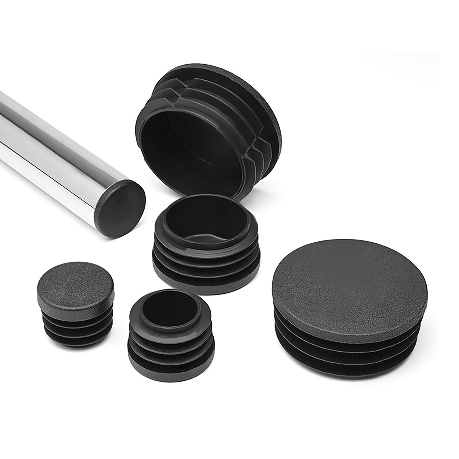 Round Plastic End Caps Tube Plugs Ribbed Inserts Furniture Feet Chair Leg Black gallery