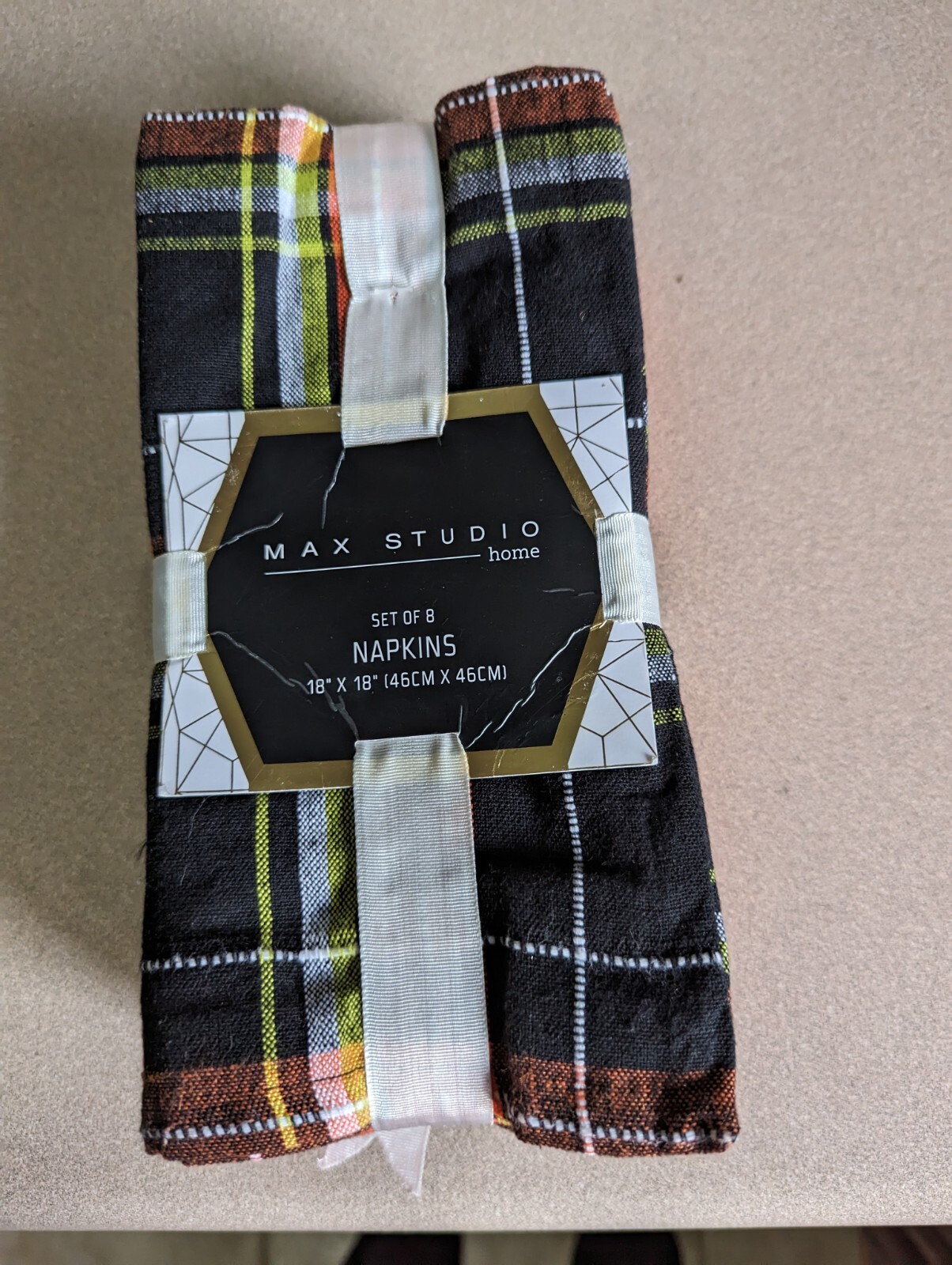 MAX STUDIO Set Of 8 Black/ Orange Plaid Dinner Napkins Cotton 18"x 18" New gallery