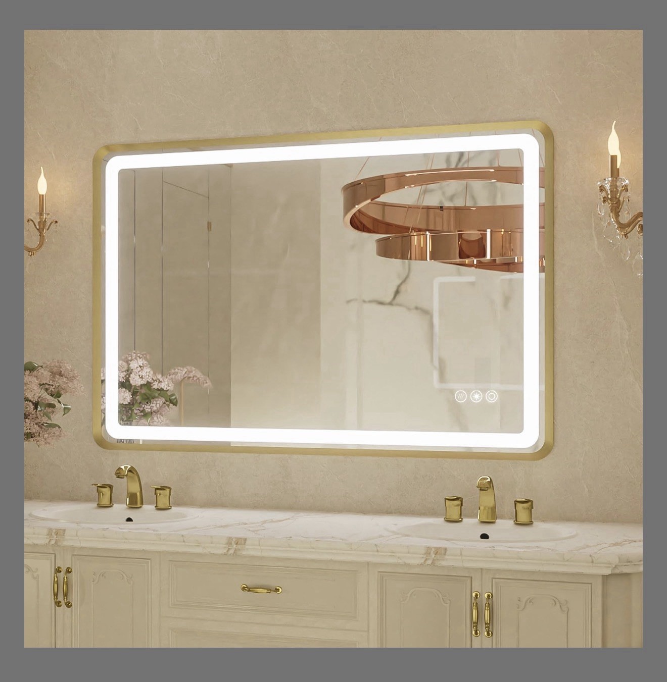 24x36 Inch LED Bathroom Mirror with Metal Frame, Front and 24"L x 36"W Gold gallery