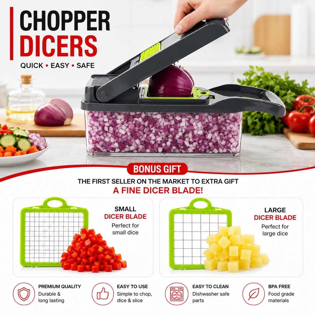 Professional Compact Vegetable Food Cutter Chopper (9 Inserts) Grey Green gallery