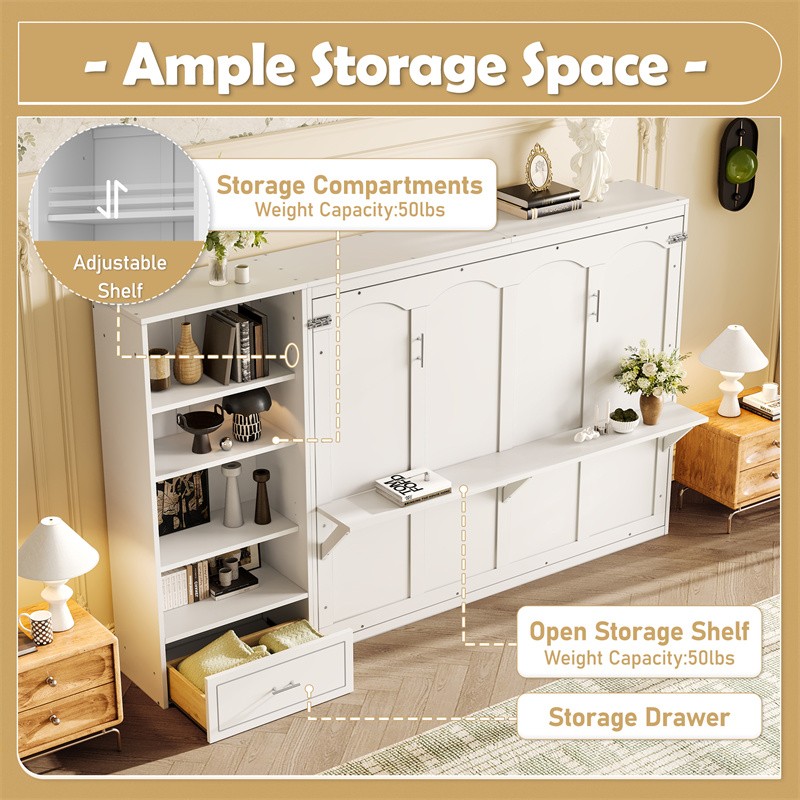 Queen Size Murphy Bed with Height Adjustable Storage Compartments and Drawer gallery