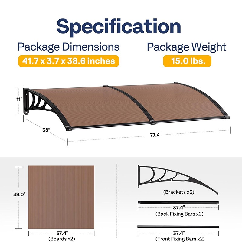 40"x80'' Polycarbonate Window Door Outdoor Awning Canopy w/ black Bracket Brown gallery