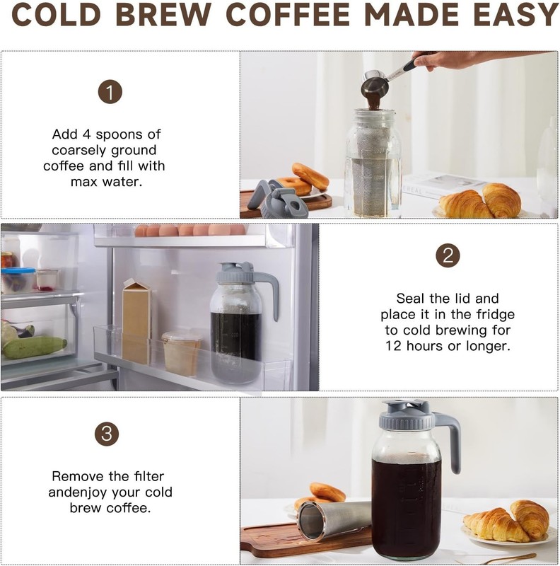 Cold Brew Coffee Maker Pitcher, 64 OZ Heavy Duty Glass Wide Mouth Mason Jar P... gallery