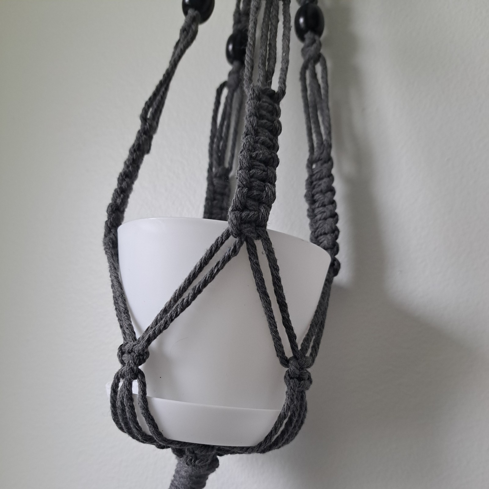 Macrame Plant Hanger, Dark Gray 23", Metal Cotton Wood Beads Handmade gallery