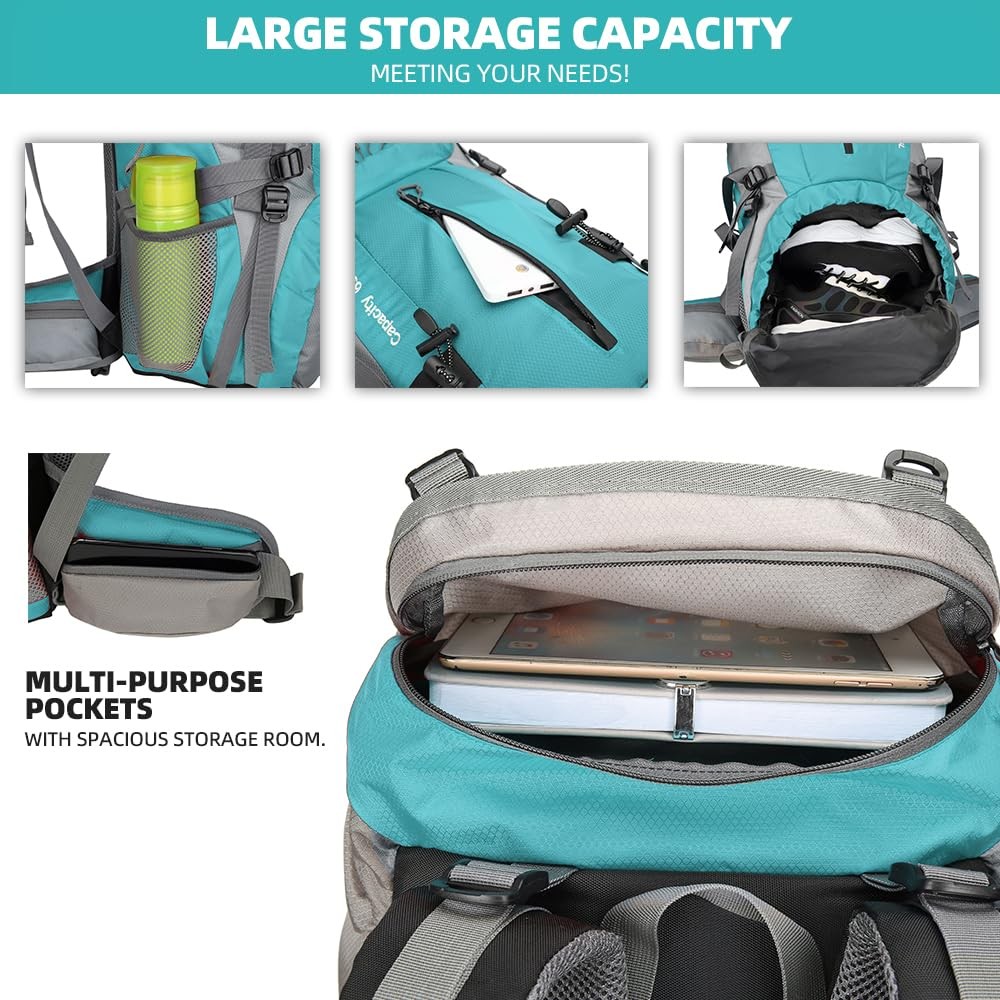 70L Camping Hiking Backpack with Rain Cover Waterproof Backpacking Backpack for 3