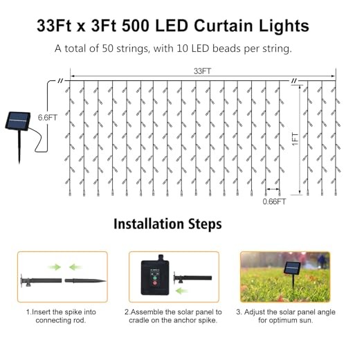 Solar Powered Curtain Lights 33ftx 3ft 500 LED Outdoor 33Ft x 3Ft Warm White gallery