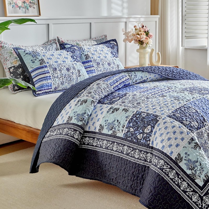 Patchwork Quilt Set Queen Size,3 Pieces Navy Blue White Floral Plaid Reversib... gallery
