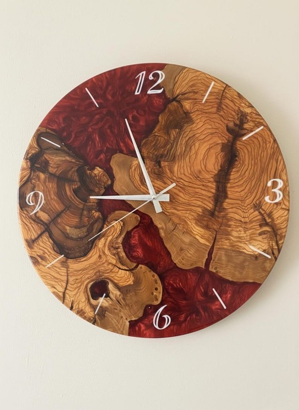 Handcrafted Wood Wall Clock Unique Rustic Decor Red Epoxy Designer hanging decor gallery