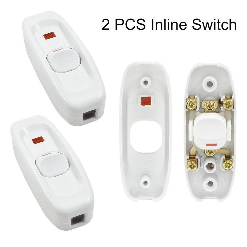 2 Pcs White Inline Switch Push Button On/Off Cord Appliance Switch with LED Ligh gallery