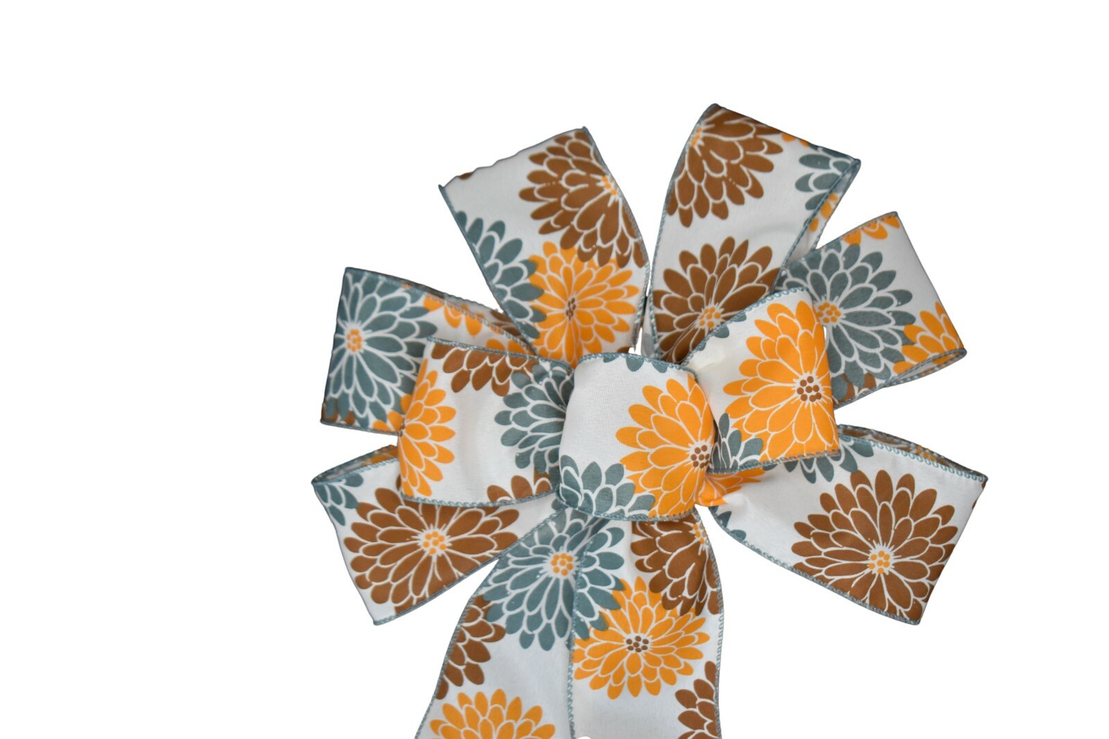 Large 10" Hand Made Orange Brown and Blue Mums Wired Bow Autumn Fall Wreath gallery