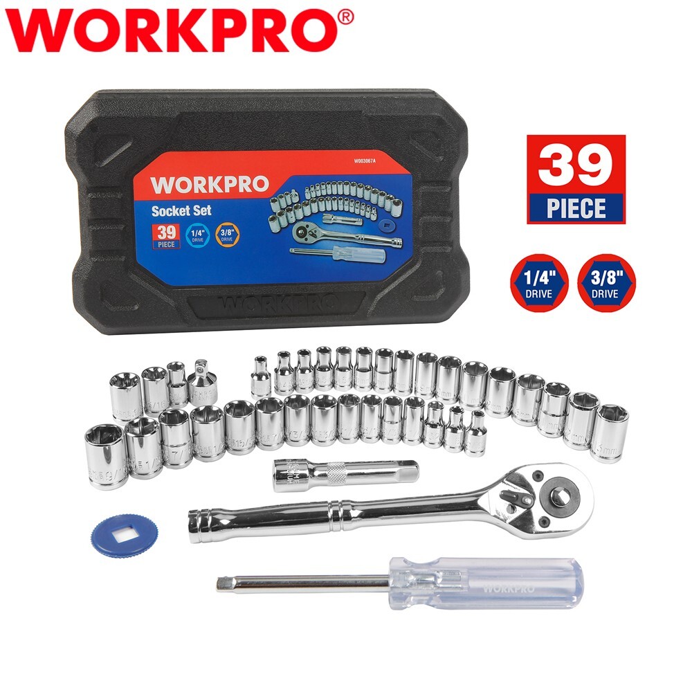 WORKPRO 39PCS 1/4" 3/8" Drive Socket Set Socket Wrench Set Metric SAE With Case gallery