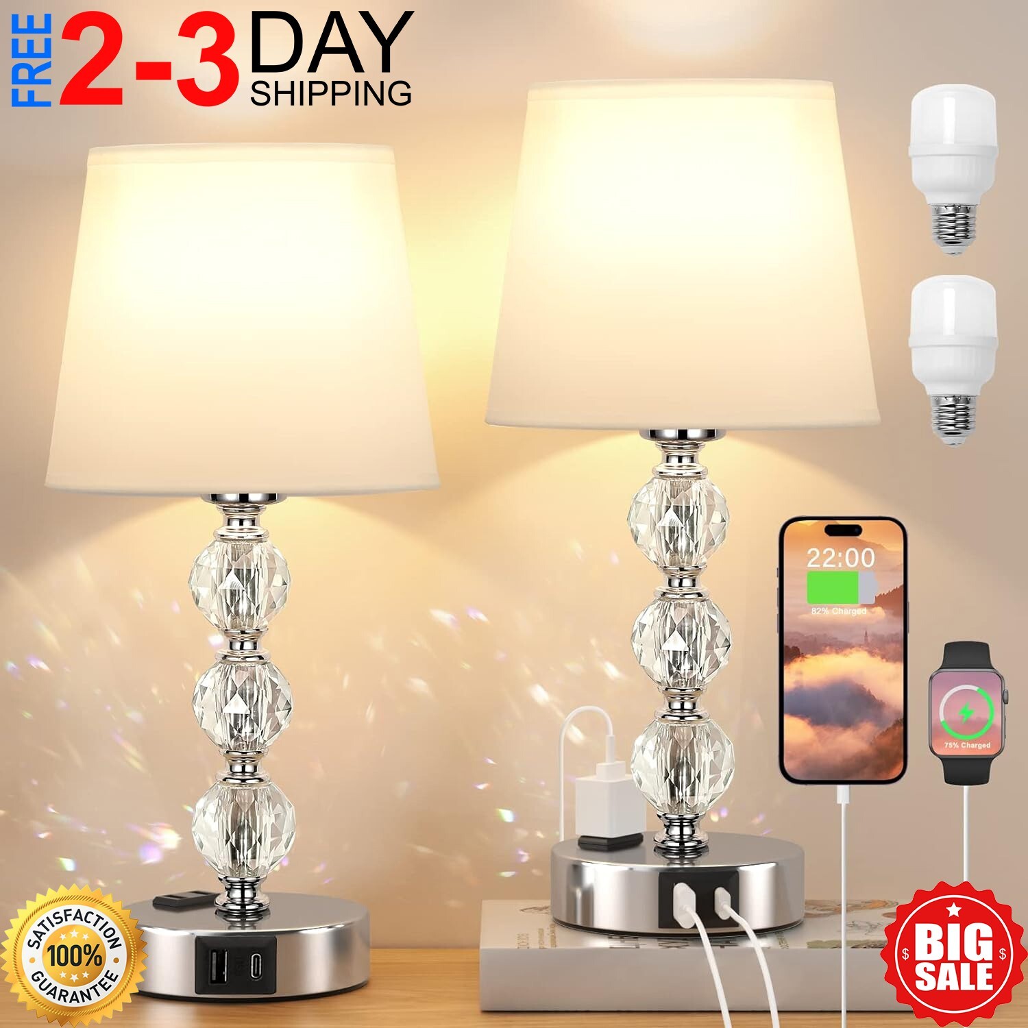 Set of 2 Touch Control Bedside Table Lamps with 2 USB Charging Ports for Bedroom gallery