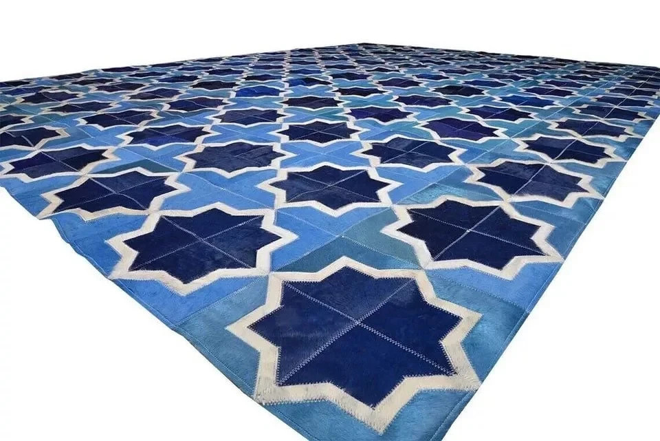 Genuine Leather Patchwork Rug Blue Geometric Moroccan Cowhide Area Rug Modern Ca gallery