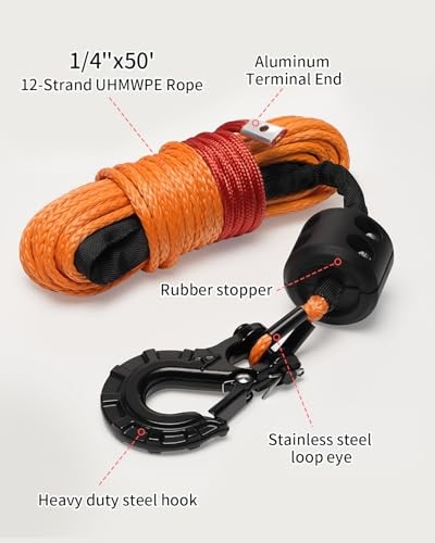 Synthetic Winch Rope Kit 9,650lbs Winch 1/4" x 50ft Orange Rope, Black Hook gallery