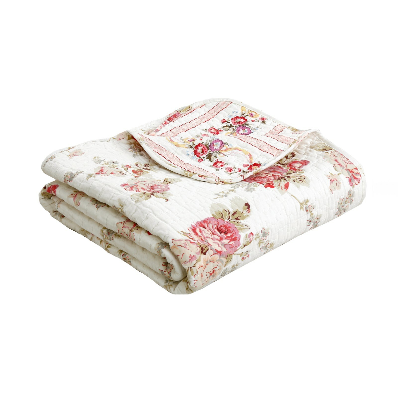 Spring Peony Pink Red Floral Printed Reversible Cotton Quilted Throw gallery