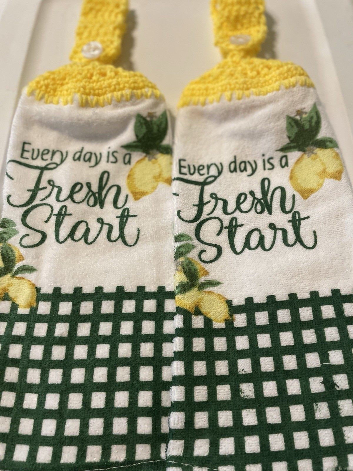 2 Crocheted Hanging Kitchen Towels "Every Day is a Fresh Start “ gallery