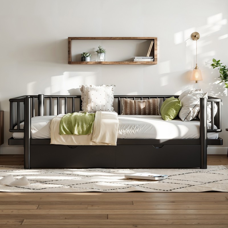 Full Size Metal MDF Platform Bed Frame Daybed Slatted W/ Storage Drawers Black gallery