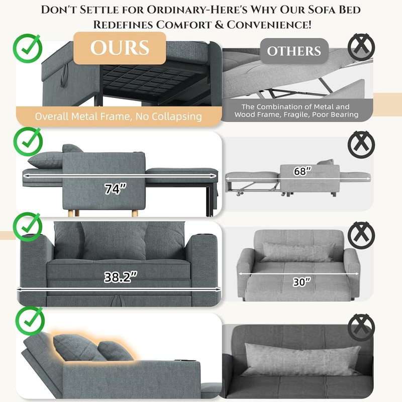 3-in-1 Pull Out Single Sofa 38" Extra Wide Convertible Sleeper Chair Chair Bed gallery