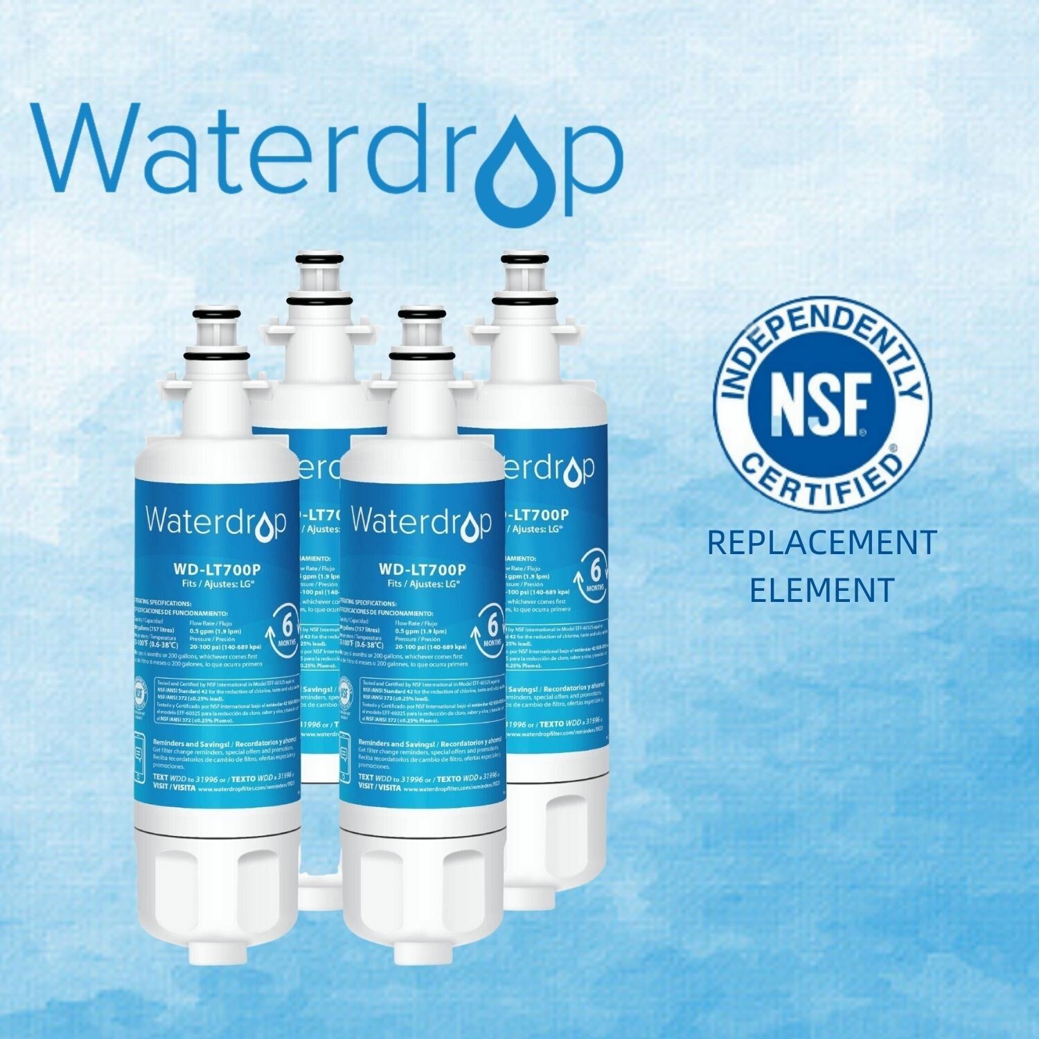 Waterdrop Refrigerator Water Filter, Replacement for LG® LT700P®, Pack of 4 gallery