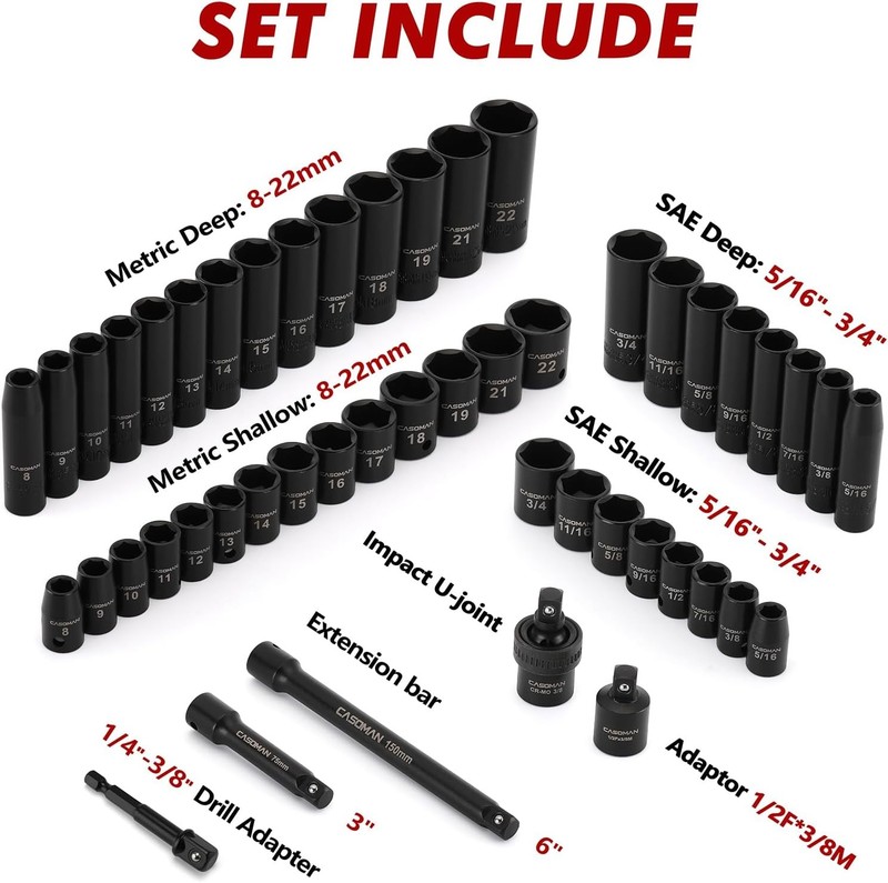 CASOMAN 3/8" Drive Impact Socket Set, 49 PCS (5/16-Inch to 3/4-Inch and 8-22 mm) gallery