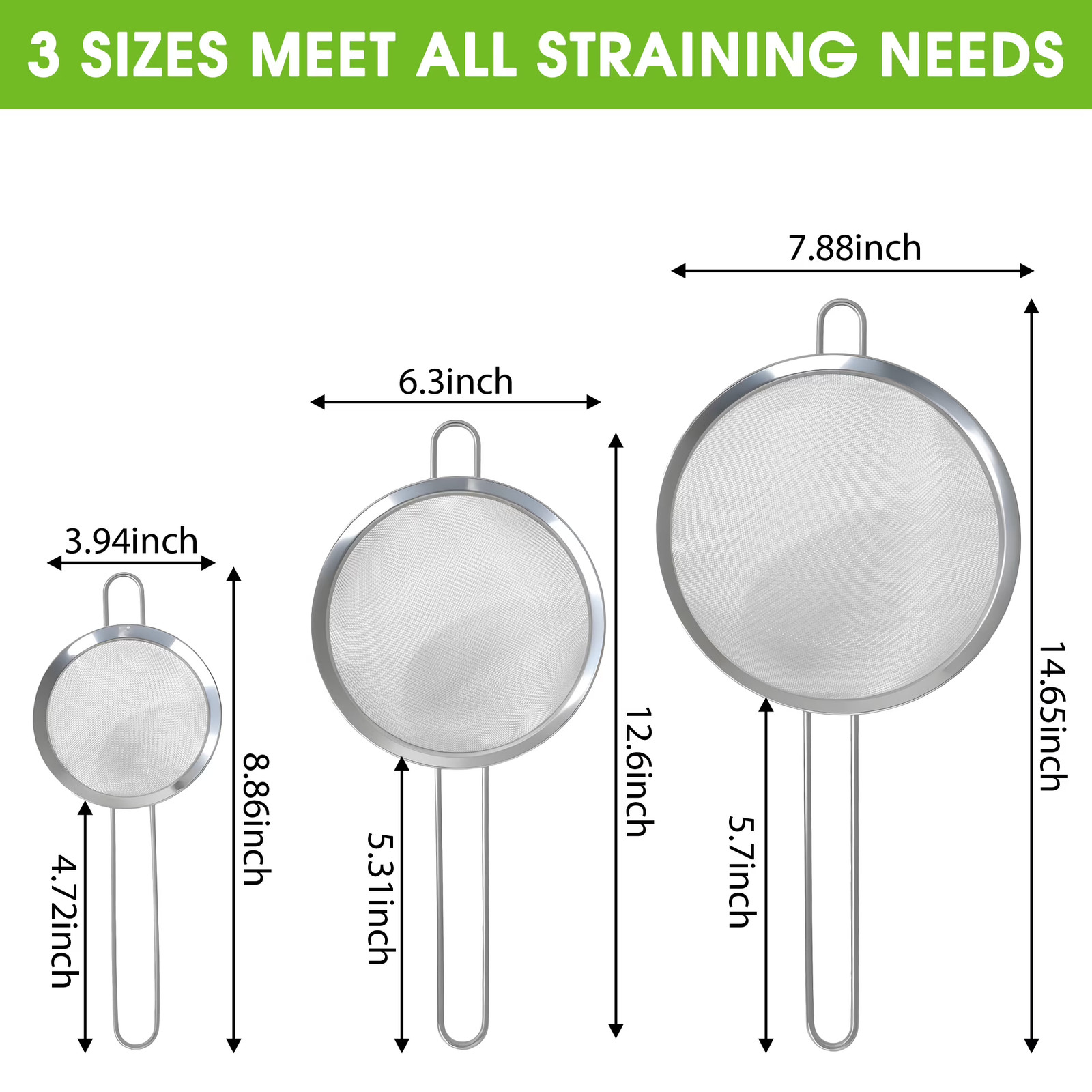 3-Piece Stainless Steel Fine Mesh Strainer Set, 4", 6", and 8", Kitchen Thin gallery