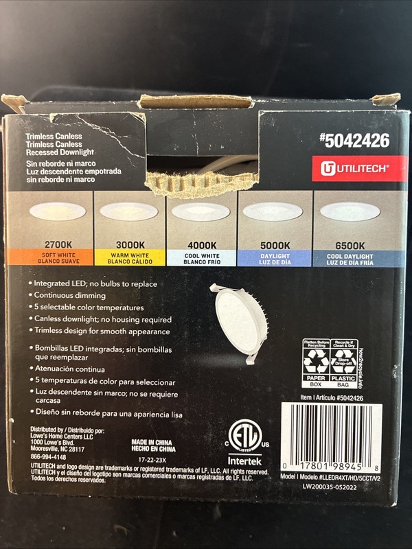 Utilitech 4” 750 Lumens LED Dimmable Canless Recessed Downlight gallery