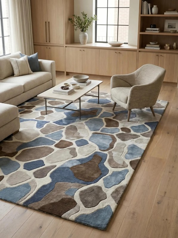 Hand Tufted Wool Pebble Pattern Rug, Modern Neutral Blue Brown Area Rug 9x12 Lar gallery