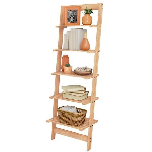 Lavish Home Ladder Bookcase Open Storage/Back Natural Unfinished Wood 5-Shelf gallery