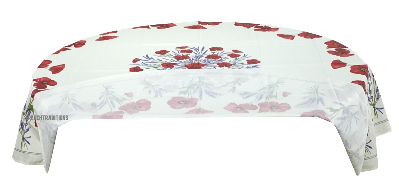 French Provencal Coated Cotton Tablecloth Poppies Lavender White Round 71" FR gallery
