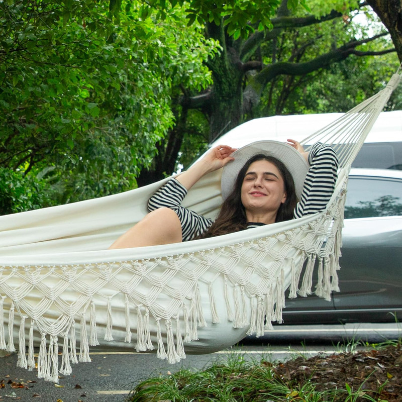 Double Boho Macrame Hammock Cotton Canvas Portable Replacement Hammock 440Lbs Lo gallery