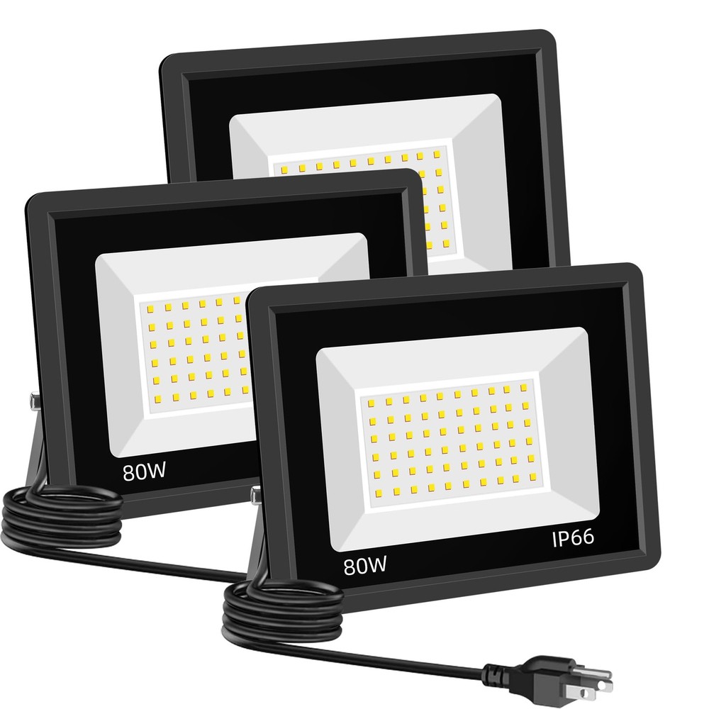 3 Pack 80W LED Warm White Floodlight, 3000K Outside Flood Light with Plug, Ul...