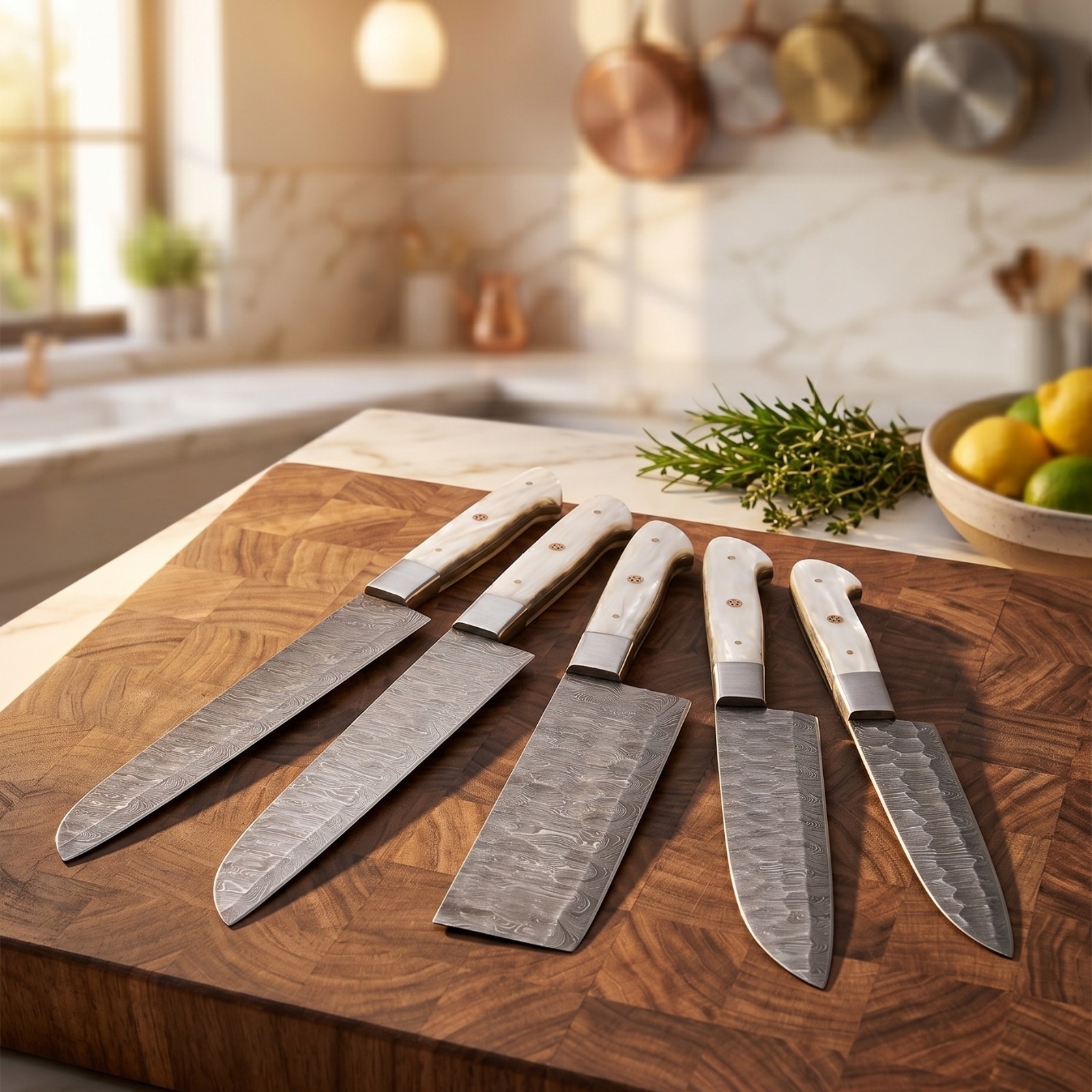 Damascus Chef Knife Set 5 Pc Handmade Santoku Nakiri Pearl Handle Leather Roll gallery