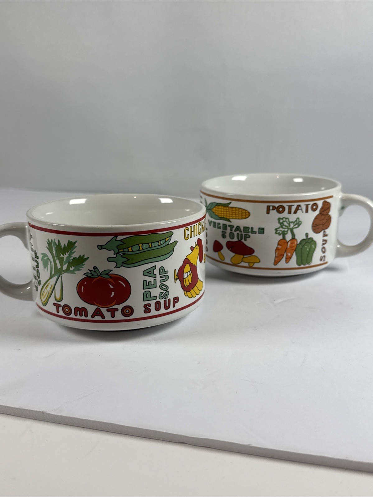 (2) Bowl Soup Chili Vegetable Chicken Tomato Cereal Ceramic Words Vintage gallery