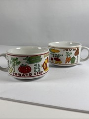 (2) Bowl Soup Chili Vegetable Chicken Tomato Cereal Ceramic Words Vintage