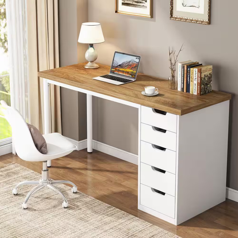 Havrvin 47 In. Rectangular Light Brown and White 5-Drawer Computer Desk for Home gallery
