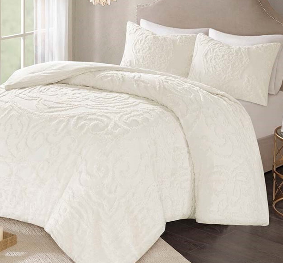 IVORY CHENILLE VINTAGE PLUSH COTTON 3pc COMFORTER SET: Queen, King or Cal King gallery